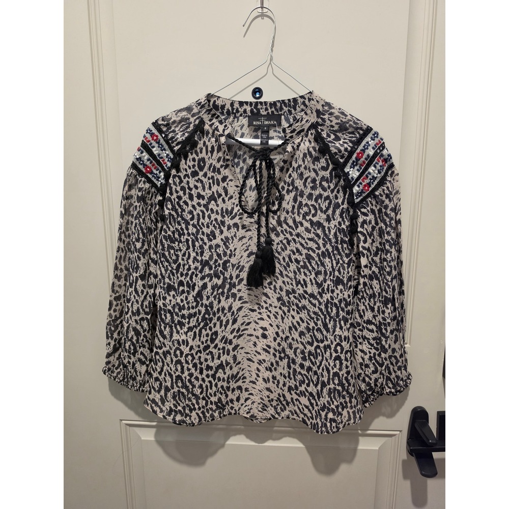 Rina Dhaka Blouse Womens Small Leopard Print Embroidered Tassel Boho Top